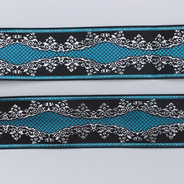 2 METRES Premium Turquoise Black and Silver Woven Jacquard Ribbon Braid Trim 45mm