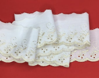 5 METRES White and Gold Scalloped Broderie Anglaise Lace Trim 3”/7.5cm