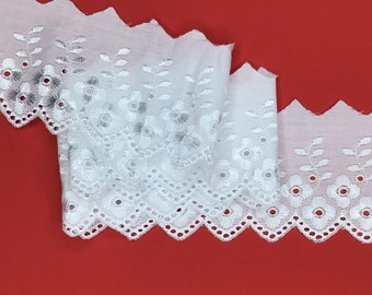 Quality Bright White Satin Stitched Broderie Anglaise Lace Trim 3”/7.5cm PER METRE