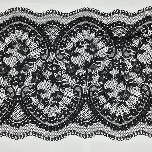 2 METRES Black Intricate Floral Design Wide Stretch Lace Trim 9.5”/24cm
