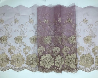2 METRES Beautiful Dusky Lilac Pink Wide Embroidered Tulle Lace Trim 9”/23cm