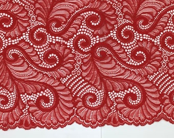 2 METRES Beautiful Bright Red Curled Fern Design Wide Stretch Lace Trim 9”/23cm