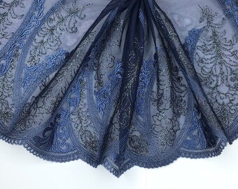 2 METRES Superb Black Blue and Silver Wide Embroidered Tulle Lace Trim 8”/20cm