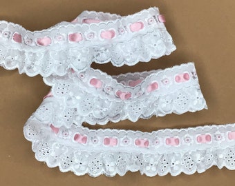 White Gathered Broderie Anglaise with Eyelet Header Pink Satin Ribbon 1.75”/4.5cm PER METRE