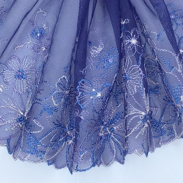 2 METRES Pretty Celestial Blue White Flowers Wide Embroidered Tulle Lace Trim 9”/23cm