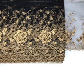 2 METRES Beautiful Black with Gold Flowers Wide Embroidered Tulle Lace Trim 7.5”/19cm