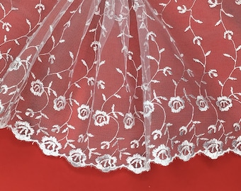 Pretty Bright White Double Edge Wide Embroidered Tulle Lace Trim 8.5”/22cm PER METRE