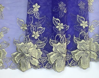 2 METRES Vibrant Royal Blue and Pale Gold Wide Embroidered Tulle Lace Trim 7.5”/19cm