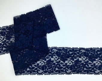 3 METRES Dark Navy Blue Floral Stretch Lace Trim 3.5”/9cm