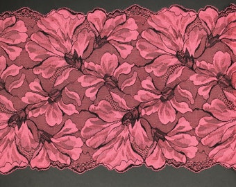 2 METRES Deep Pink and Black Two Tone Floral Wide Stretch Lace Trim 9”/23cm