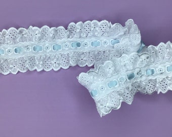 White Double Gathered Broderie Anglaise with Eyelet Header Pale Blue Satin Ribbon 2.5”/6cm PER METRE