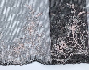 2 METRES Beautiful Black with Pink Wide Embroidered Tulle Lace Trim 6.5”/16.5cm