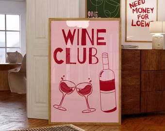 Retro wijnposter afdrukbare barwagen muurkunst vintage alcohol print wijn decor digitale download Wine Club Vino roze en rode wijn decor