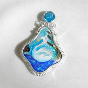 Georgian Cloisonne enamel necklace brooch, Georgian jewelry, minankari brooch white swan, Georgische emaille schmuck, gift for woman