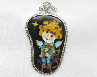 Georgische cloisonne emaille ketting, engel hanger, cloisonne sieraden, Georgische emaille, ambachtelijke sieraden, cadeau voor de vrouw, verklaring ketting