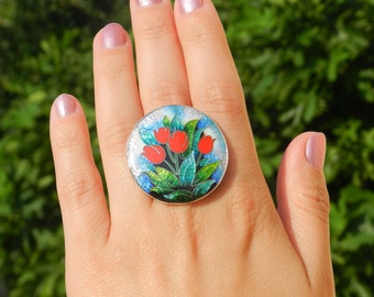 Georgische Emaille Ring, Cloisonne Floral Tulpe Ring, Handwerker Schmuck, Handwerker Ring, georgische Cloisonne Emaille Schmuck, Geschenk für Sie