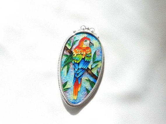 cloisonne enamel pendant, cloisonne brooch Parrot, Cloisonne Emaille Brosche, broche en émail cloisonné, émail cloisonné en argent 925
