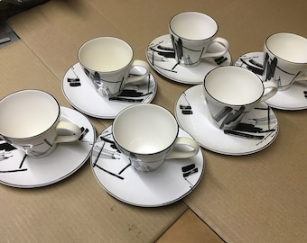 Set of 6 -1986 Sango the Larry Laslo Collection Calligraphy 267002 Cup and Saucer sets
