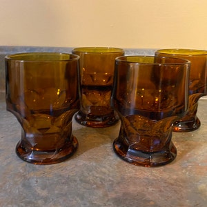 Four Amber Drinking Glasses, possibly Anchor Hocking