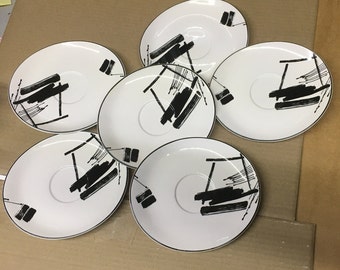 Set of 6 -1986 Sango the Larry Laslo Collection Calligraphy 267002; Discontinued Pattern;  Black and White Saucers
