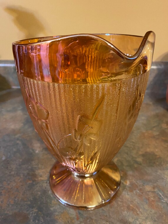 Vintage Iris & Herringbone Iridescent, Carnival Glass Pitcher by