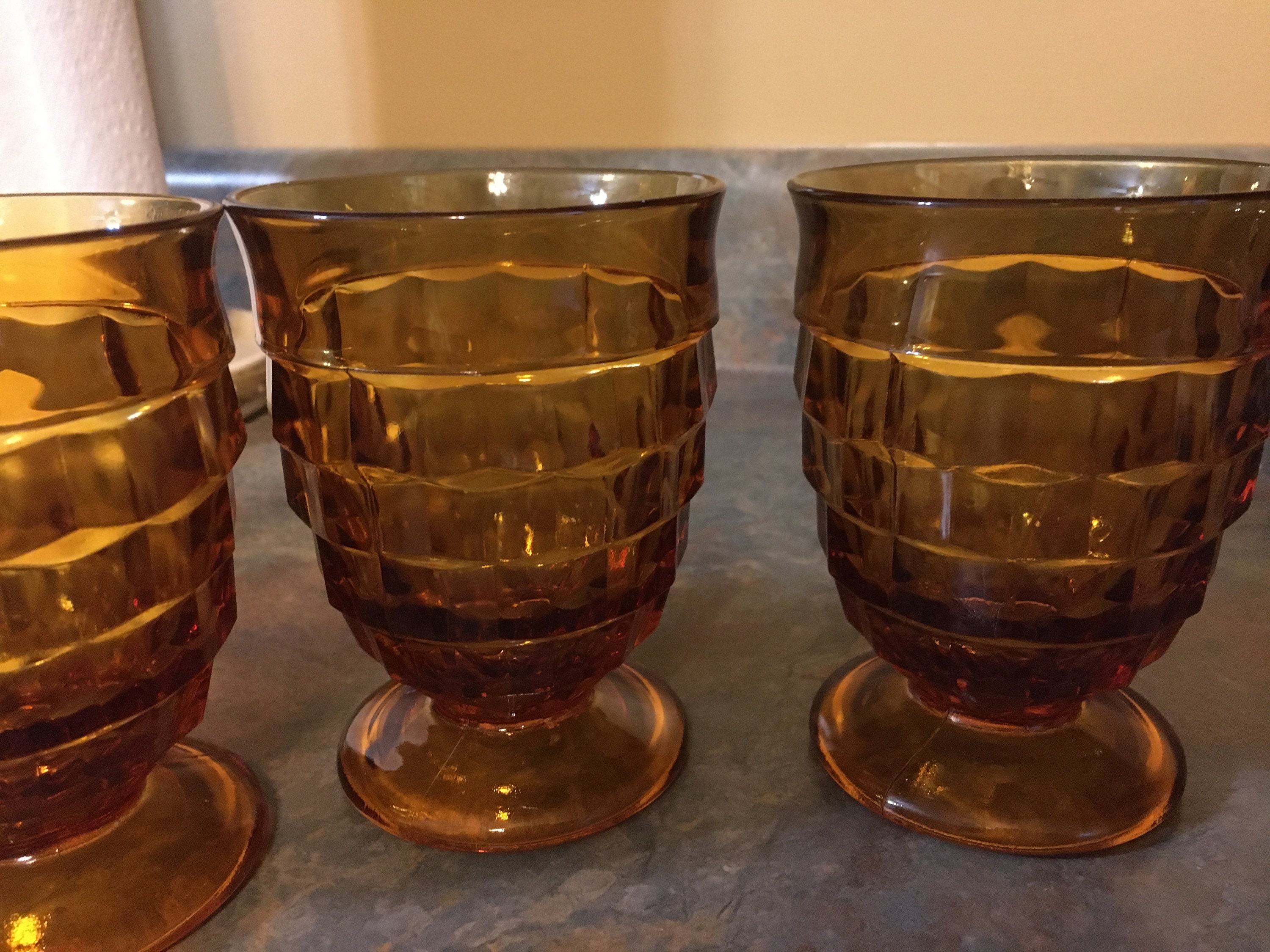 Amber Fostoria Pitcher and 5 Amber Footed Glasses Etsy