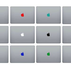 May include: Twelve laptop computers with different colored Apple logos. The logos are pink, red, teal, purple, light blue, white, black, orange, yellow, blue, green, and pink.