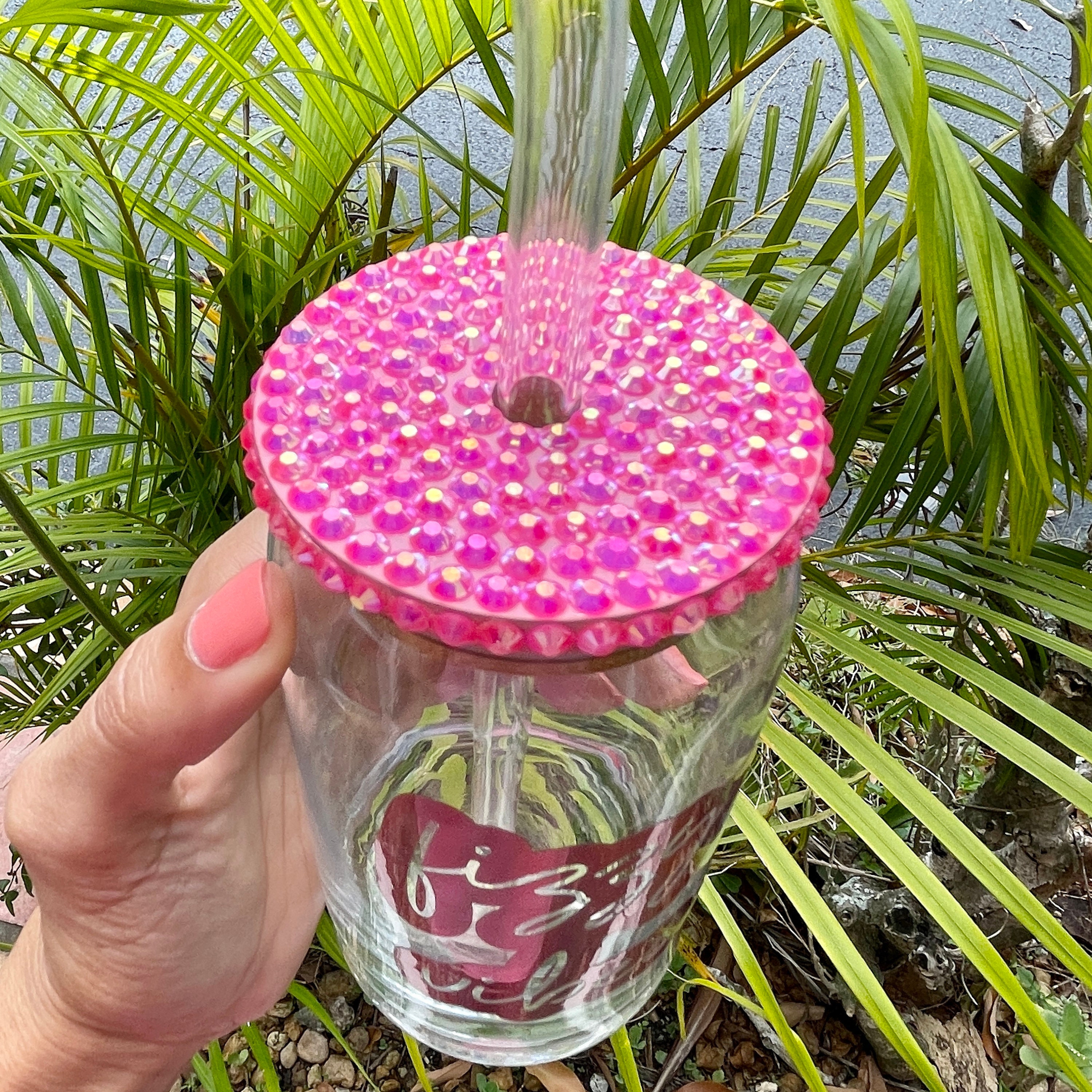 Cute Pink Stitch Frappe Coffee Beer Can Glass Cup Rhinestone