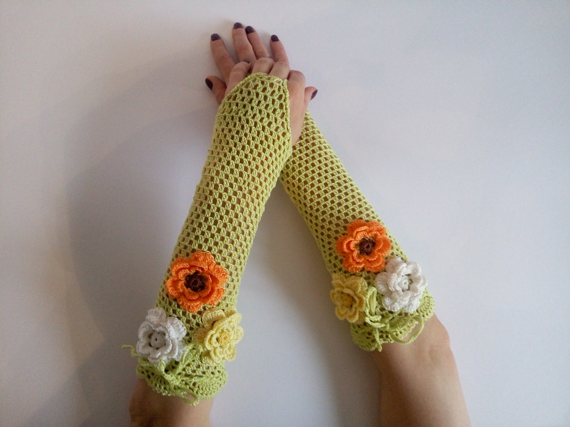 Fingerless Lime Gloves Boho Long Sleeved Handwarmers Knitted Mittens