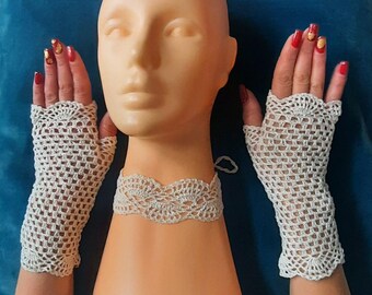 Fingerless Mittens & Choker Crochet Wedding Gloves Set: Ivory Lace