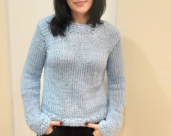 Women's sweater. Knitted sweater. Blue sweater. Women’s blue pullover, knitted manually, knitted pullover from high-quality soft and pleasan