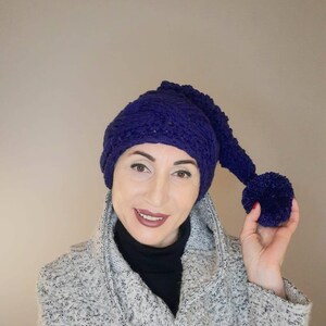 Purple stocking hat. Elven hat. Long pointed hat with pop-on. Chunky warm hat. Stocking hat winter gifts