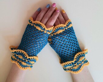 Fingerless gloves. Blue and yellow gloves for women. Fashionable openwork mitts. Knitted lace for the wrist