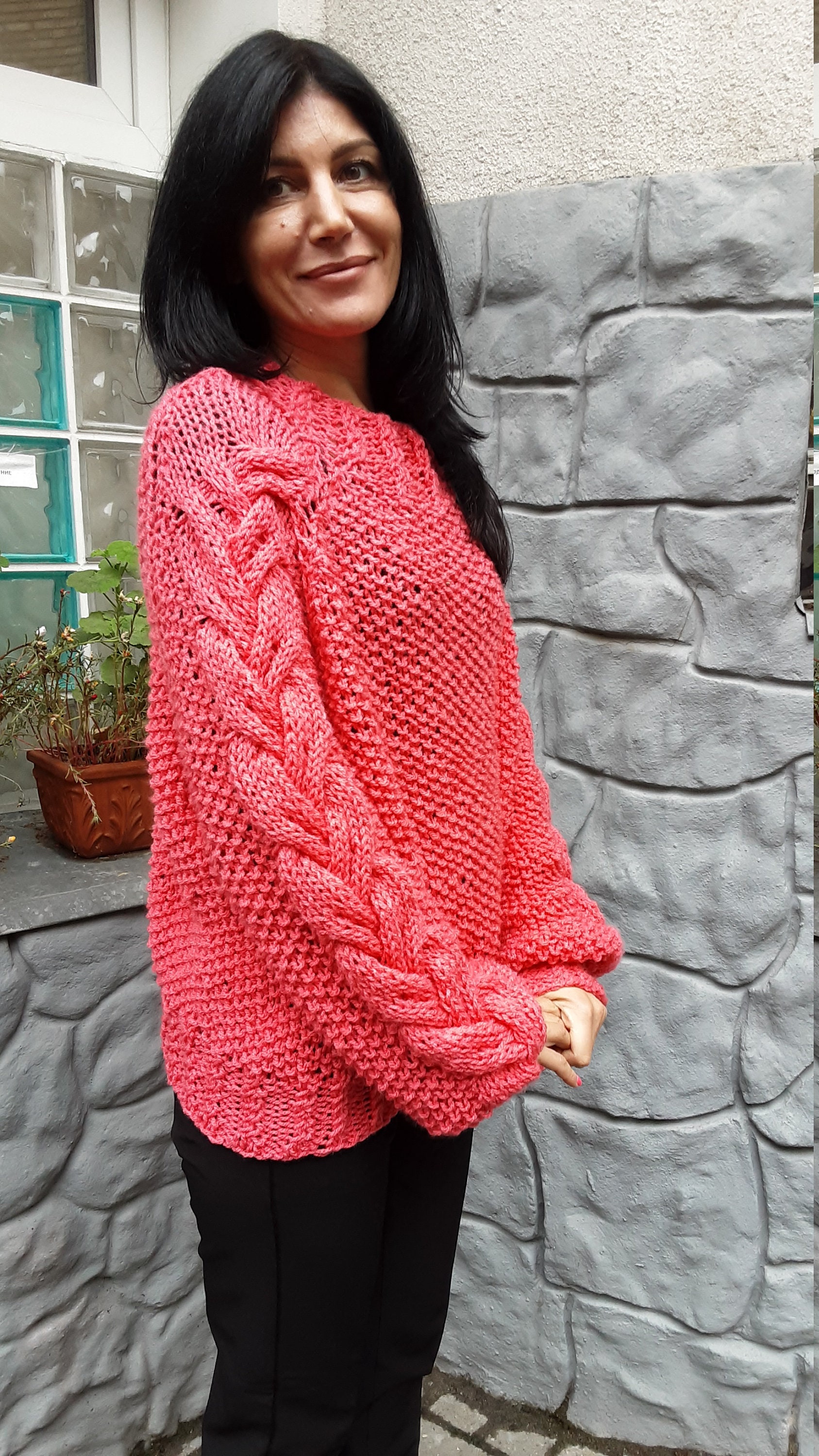 Sweater female knitted salmon color sweater with braids Etsy