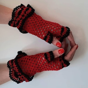 Fingerless gloves Crochet mittens Women gloves Red lace gloves. Arm warmers, wrist warmers