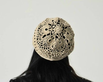 Cappello estivo da donna. Cappello color lino. Cappello estivo in cotone traforato. Basco lavorato a maglia. Basco estivo. Basco lavorato a maglia color lino. Leggero