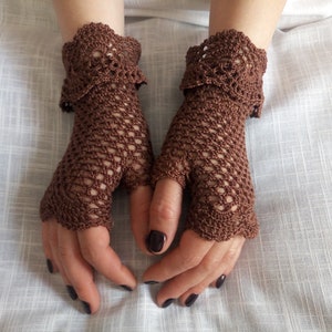 Crochet fingerless gloves, cotton brown  fingerless gloves, lace gloves, crochet mittens, boho gloves, arm warmers, knitted ruffle gloves