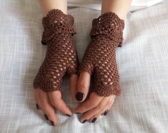 Crochet fingerless gloves, cotton brown  fingerless gloves, lace gloves, crochet mittens, boho gloves, arm warmers, knitted ruffle gloves