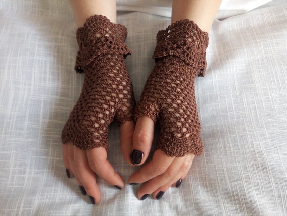 Crochet Fingerless Gloves, Cotton Brown Fingerless Gloves, Lace