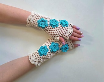 Wedding gloves Crochet mitts Cotton fingerless gloves  Victorian gloves  mittens Knitted gloves Lace gloves four types of flower colors