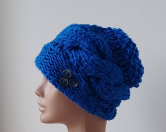 Chunky knitted hat. Blue thick hat. Women's fashionable hat. Stylish hat for a woman. Warm hat. Winter hats. Warm women's hat