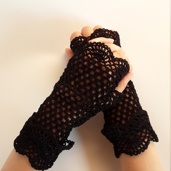 Crochet Fingerless Gloves,Black Shortie Gloves,Crochet Lace Gloves,Gothic Lace Gloves, mitts for the party No Finger Gloves,Vintage Gloves