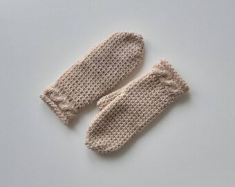 Mittens beige knitted mittens for women. Mittens with decorative braids, Mittens, mittens, hand-knitted and crocheted from soft beige