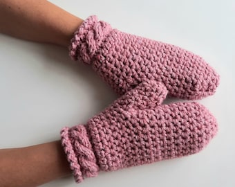Cable knitted mittens. Hand warmers. Winter handmade gloves. Crochet thick mittens. Chunky knitted mittens. Semi-woolen mittens.