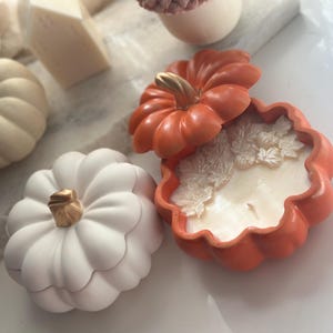 Può includere: Un portacandele a forma di zucca arancione con coperchio, accanto a un contenitore bianco a forma di zucca. Il portacandele è aperto, rivelando una candela bianca con dettagli a forma di foglia. Sono visibili anche altre zucche decorative.
