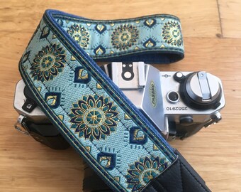 Camera Strap - Turquoise and Gold woven ribbon - FREE SHIPPING WORLDWIDE!