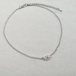 Boho necklace, antique silver plated filigree necklace, rhodium colour chain choker