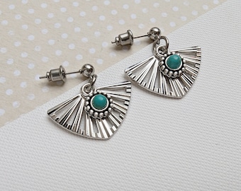 Turquoise art deco earrings, plated fan earrings, minimal