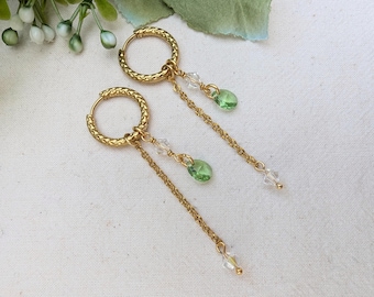 Pendientes de aro dorados estilo bohemio, pendientes colgantes de cristal verde claro con cadenas largas, versátiles.