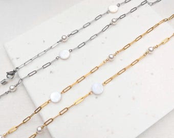 Cadena para gafas de perla, cadena para gafas de acero inoxidable chapada en oro, collar bohemio con soporte para gafas, correa para gafas de sol.